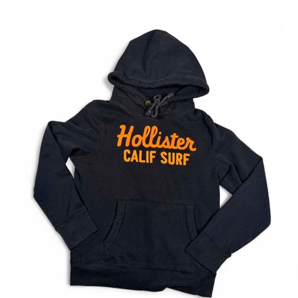 Hollister Co. Y2K black hoodie with orange 'Hollister CALIF SURF' text